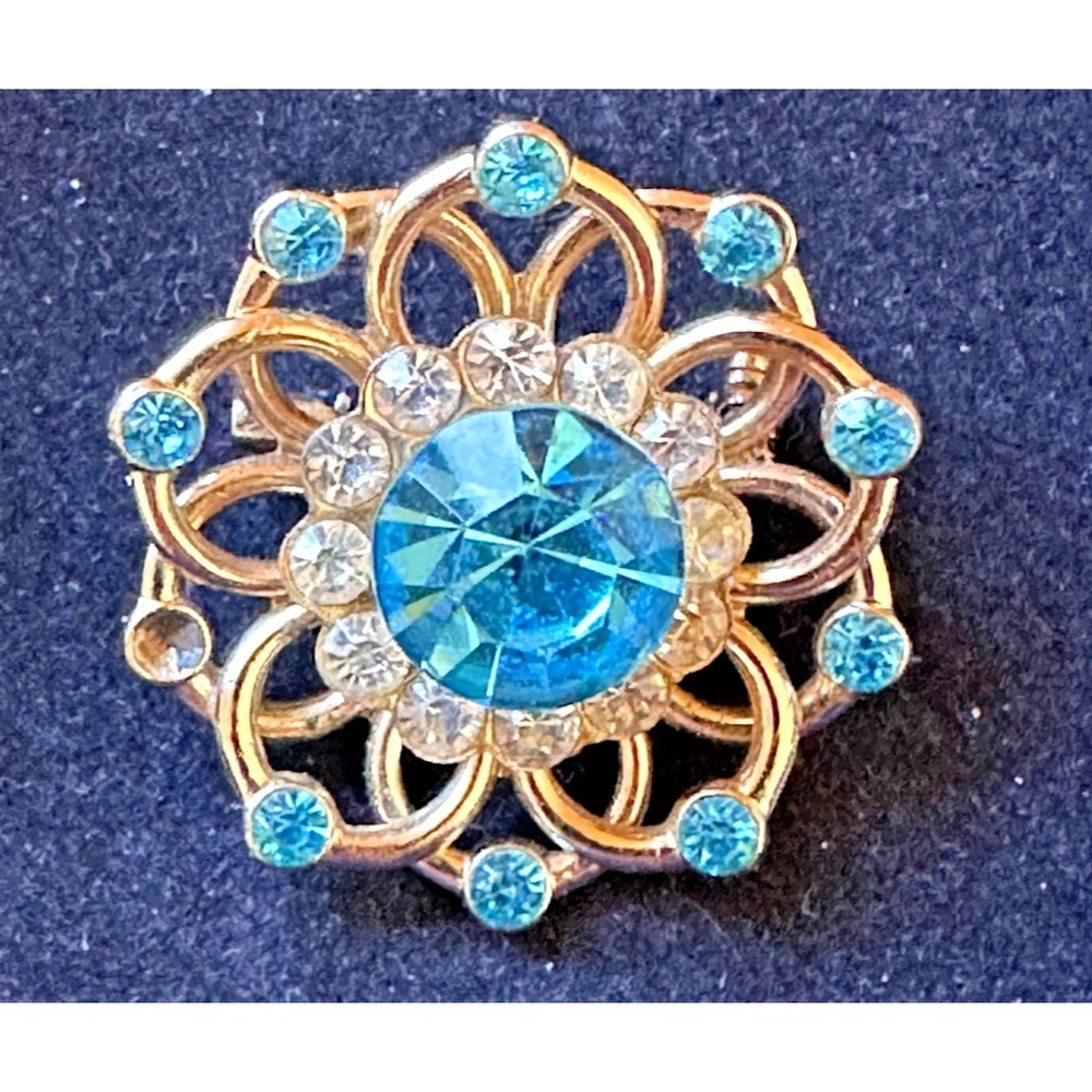 Vintage Signed Coro Brooch Pin Flower Blue and Clear Rhinestones Gold Tone READ